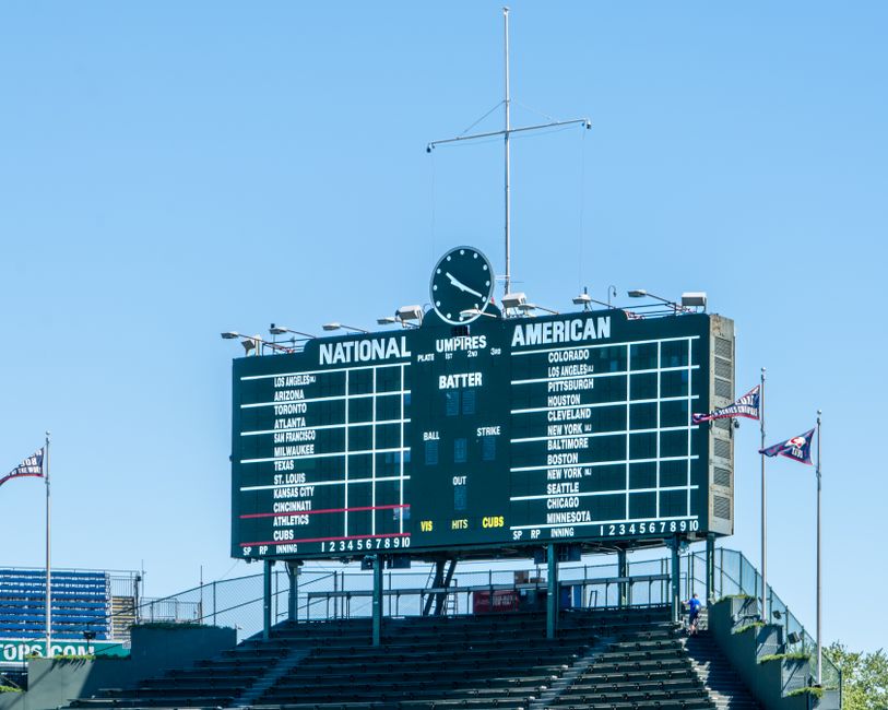 Historic Wrigley Field scoreboard showcasing teams under a clear blue sky in Chicago.